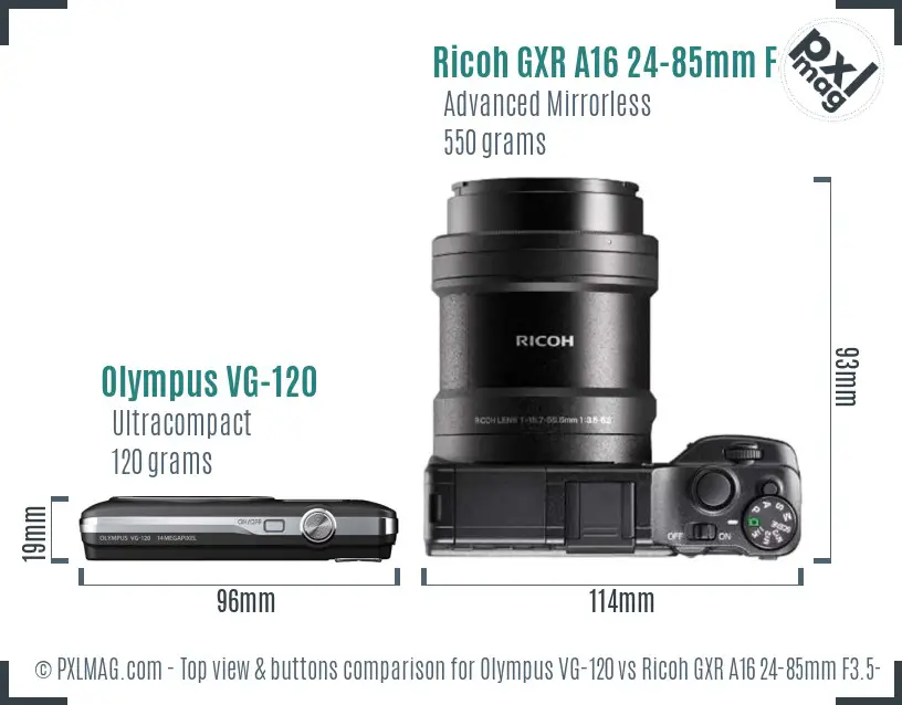 Olympus VG-120 vs Ricoh GXR A16 24-85mm F3.5-5.5 top view buttons comparison Olympus VG-120 vs Ricoh GXR A16 24-85mm F3.5-5.5 top view buttons comparison
