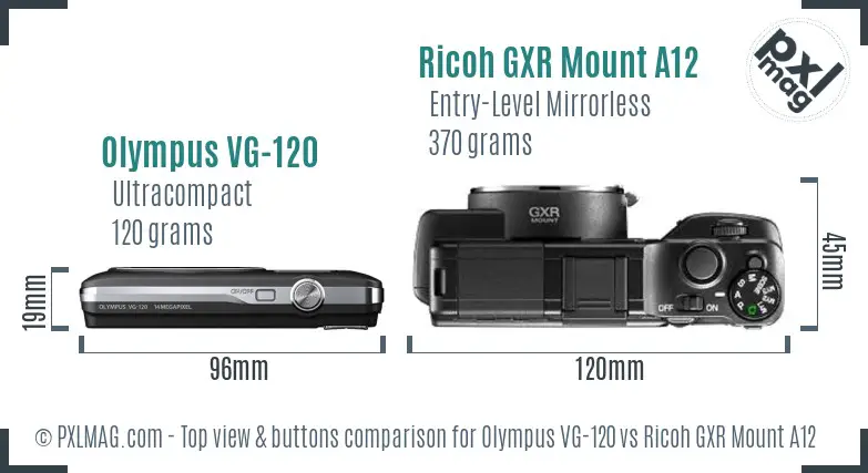 Olympus VG-120 vs Ricoh GXR Mount A12 top view buttons comparison Olympus VG-120 vs Ricoh GXR Mount A12 top view buttons comparison