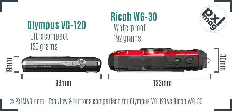 Olympus VG-120 vs Ricoh WG-30 top view buttons comparison