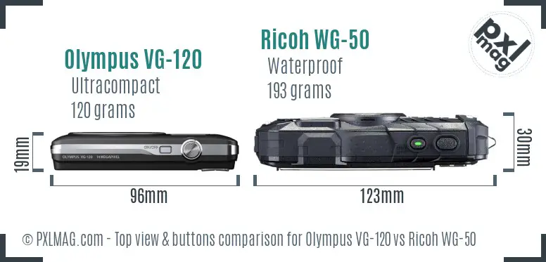 Olympus VG-120 vs Ricoh WG-50 top view buttons comparison Olympus VG-120 vs Ricoh WG-50 top view buttons comparison
