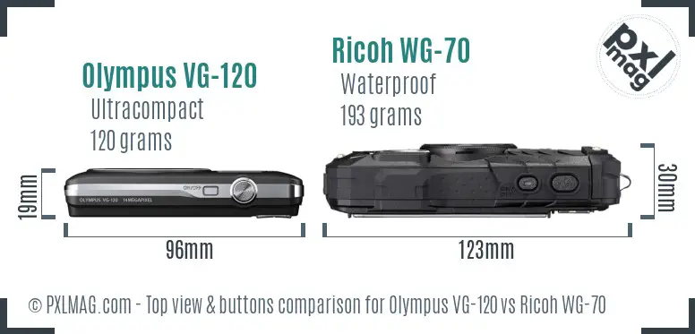 Olympus VG-120 vs Ricoh WG-70 top view buttons comparison