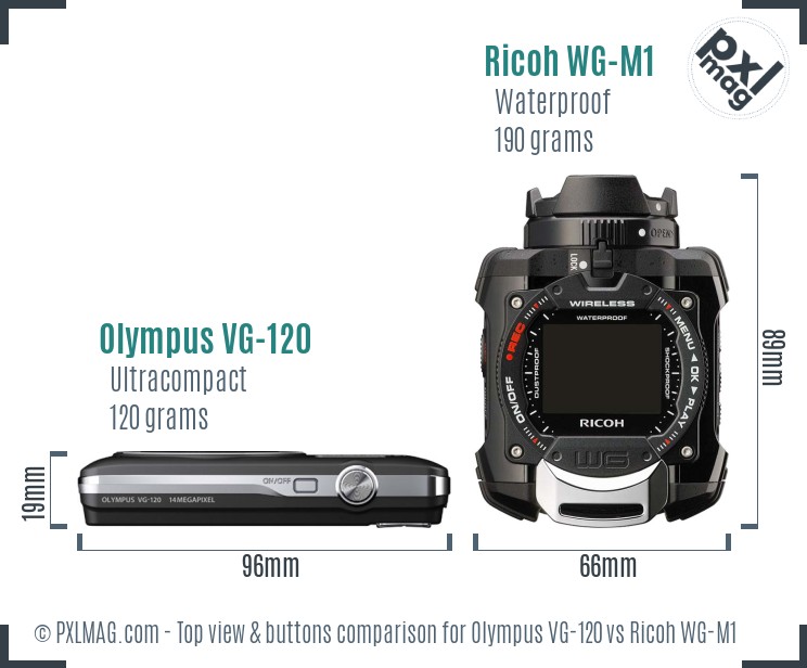 Olympus VG-120 vs Ricoh WG-M1 top view buttons comparison