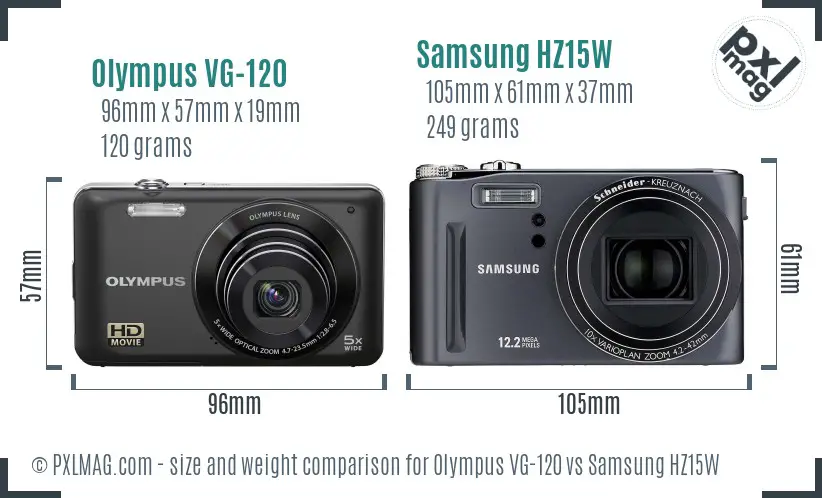 Olympus VG-120 vs Samsung HZ15W size comparison