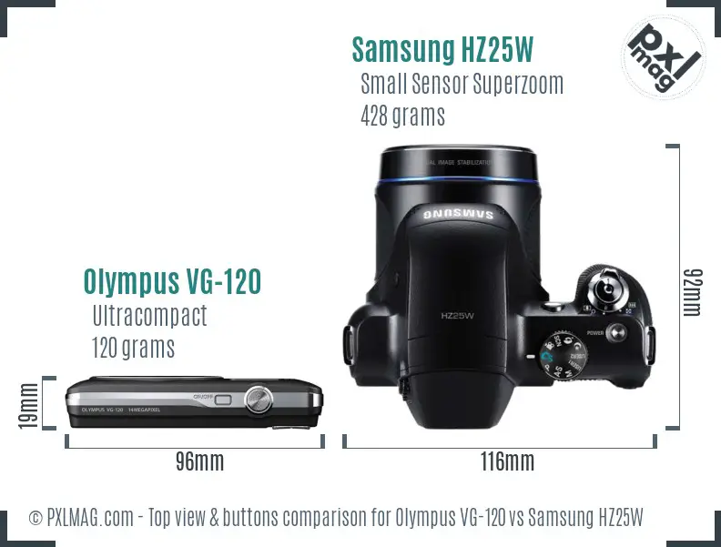Olympus VG-120 vs Samsung HZ25W top view buttons comparison