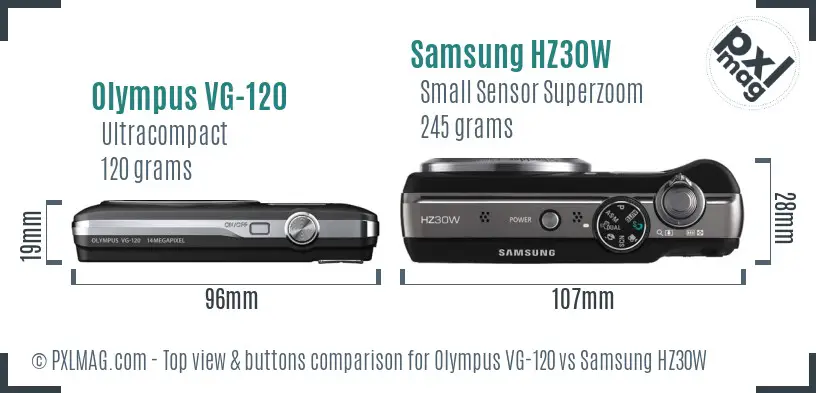Olympus VG-120 vs Samsung HZ30W top view buttons comparison