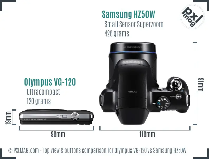 Olympus VG-120 vs Samsung HZ50W top view buttons comparison