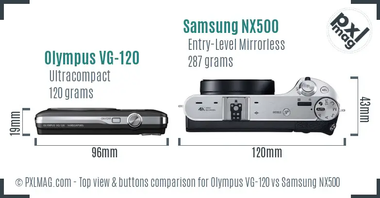 Olympus VG-120 vs Samsung NX500 top view buttons comparison