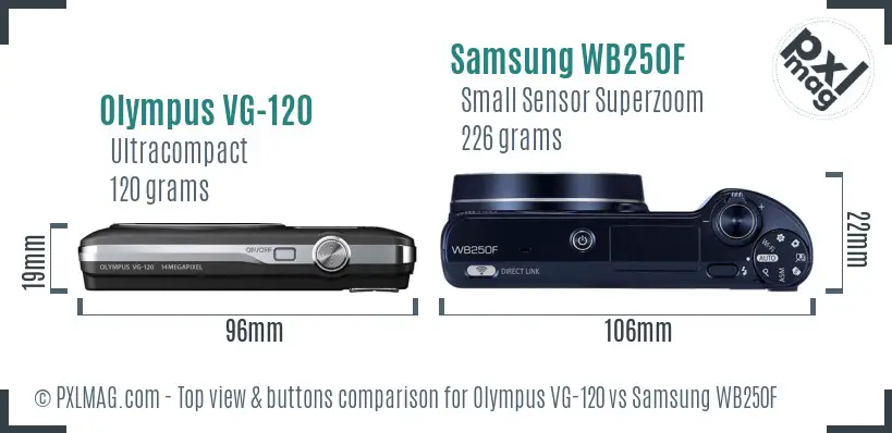 Olympus VG-120 vs Samsung WB250F top view buttons comparison