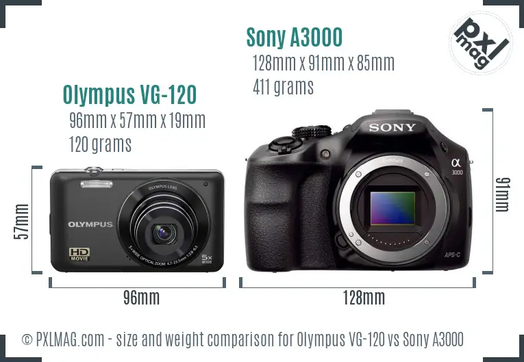 Olympus VG-120 vs Sony A3000 size comparison