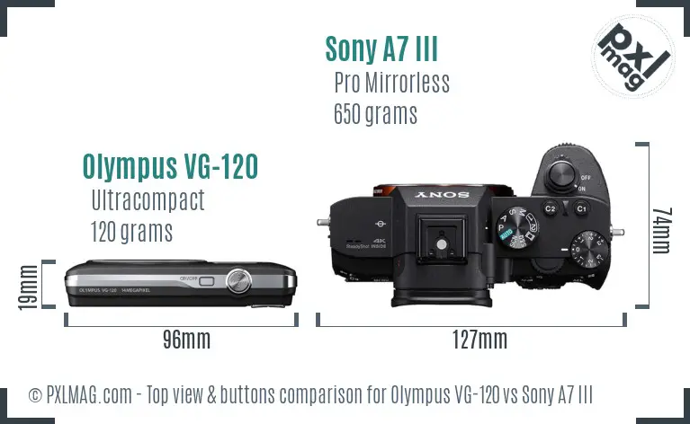 Olympus VG-120 vs Sony A7 III top view buttons comparison