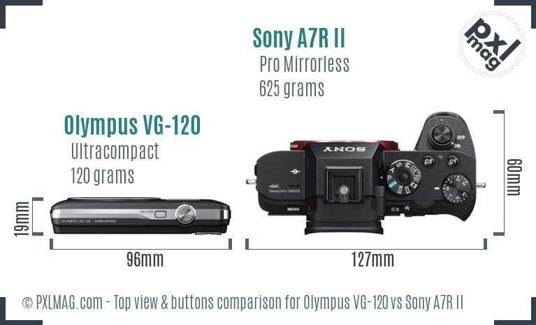 Olympus VG-120 vs Sony A7R II top view buttons comparison