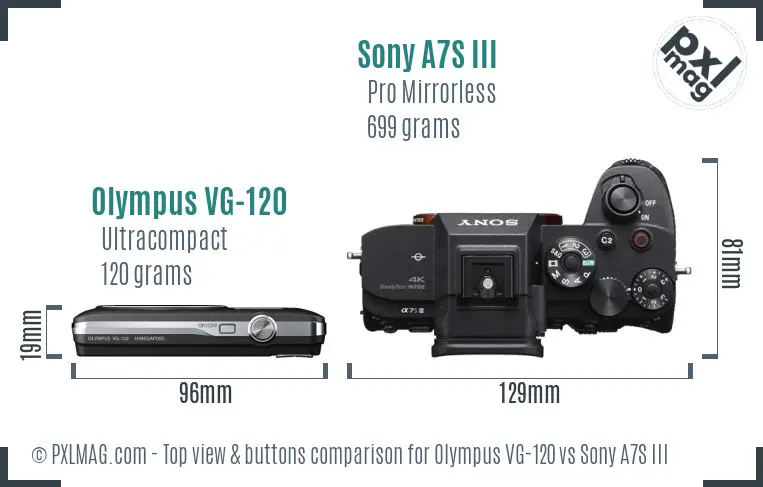 Olympus VG-120 vs Sony A7S III top view buttons comparison