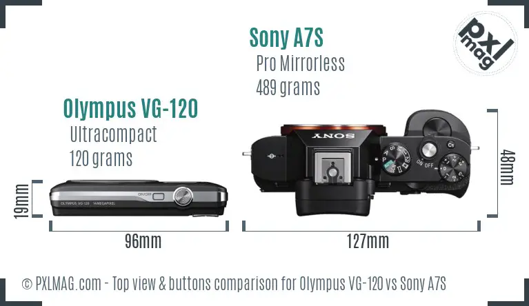 Olympus VG-120 vs Sony A7S top view buttons comparison Olympus VG-120 vs Sony A7S top view buttons comparison