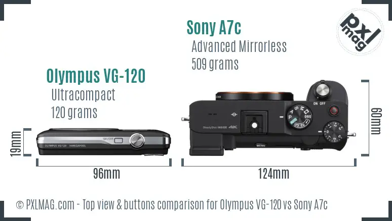 Olympus VG-120 vs Sony A7c top view buttons comparison