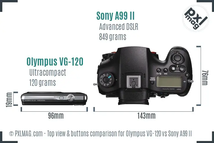 Olympus VG-120 vs Sony A99 II top view buttons comparison