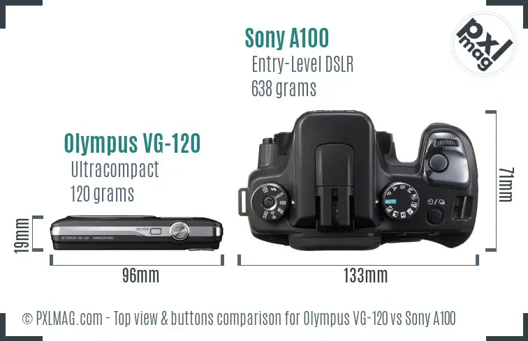 Olympus VG-120 vs Sony A100 top view buttons comparison