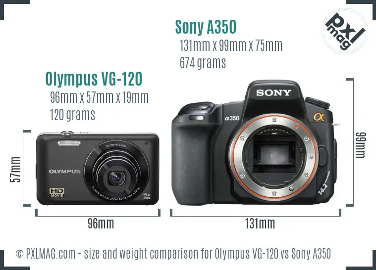 Olympus VG-120 vs Sony A350 size comparison