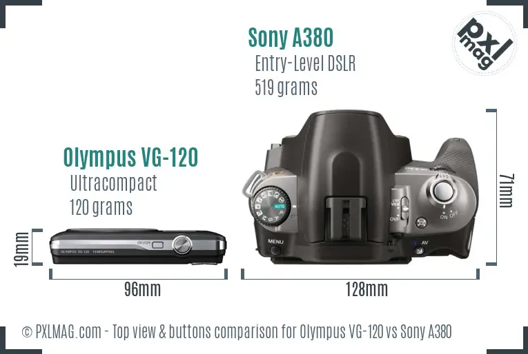 Olympus VG-120 vs Sony A380 top view buttons comparison
