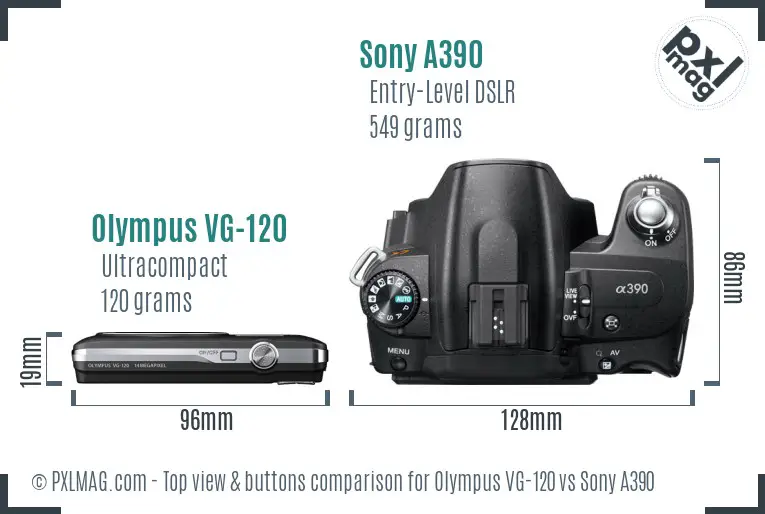 Olympus VG-120 vs Sony A390 top view buttons comparison