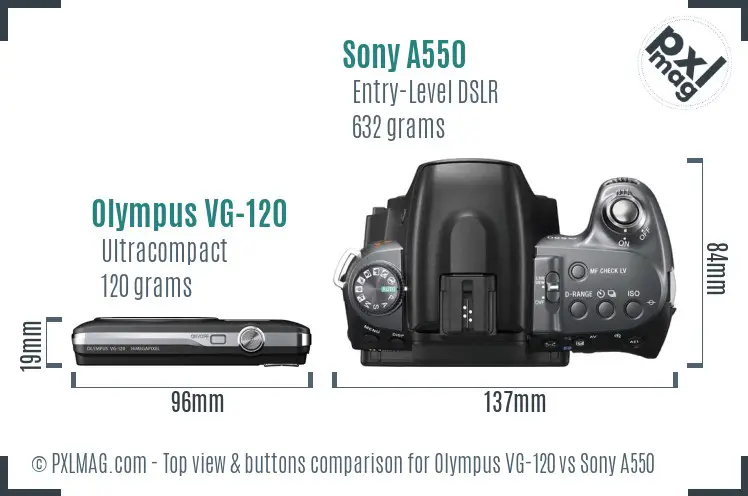 Olympus VG-120 vs Sony A550 top view buttons comparison