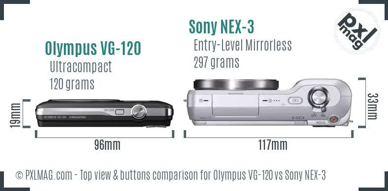 Olympus VG-120 vs Sony NEX-3 top view buttons comparison