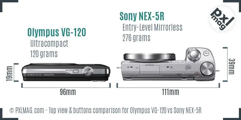 Olympus VG-120 vs Sony NEX-5R top view buttons comparison