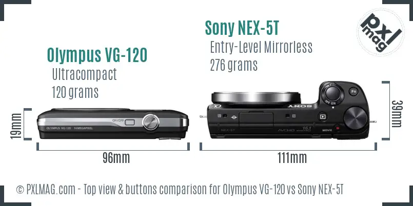 Olympus VG-120 vs Sony NEX-5T top view buttons comparison