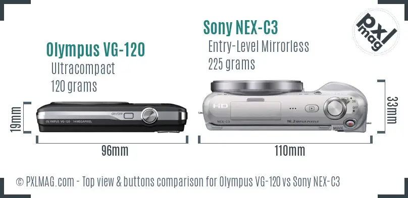 Olympus VG-120 vs Sony NEX-C3 top view buttons comparison