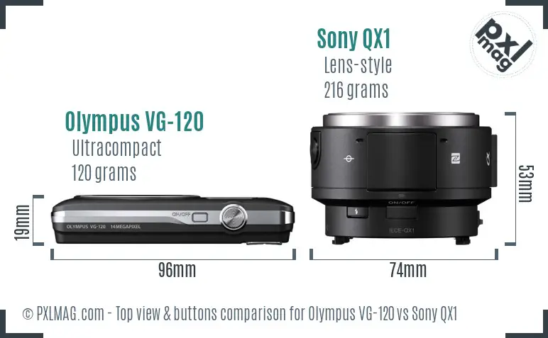 Olympus VG-120 vs Sony QX1 top view buttons comparison