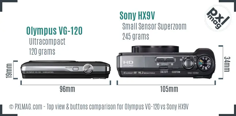 Olympus VG-120 vs Sony HX9V top view buttons comparison