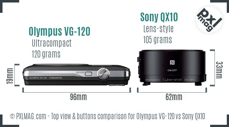Olympus VG-120 vs Sony QX10 top view buttons comparison