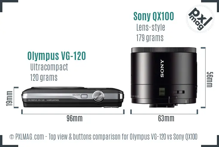 Olympus VG-120 vs Sony QX100 top view buttons comparison