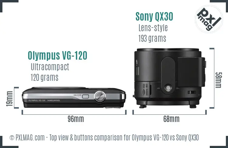 Olympus VG-120 vs Sony QX30 top view buttons comparison