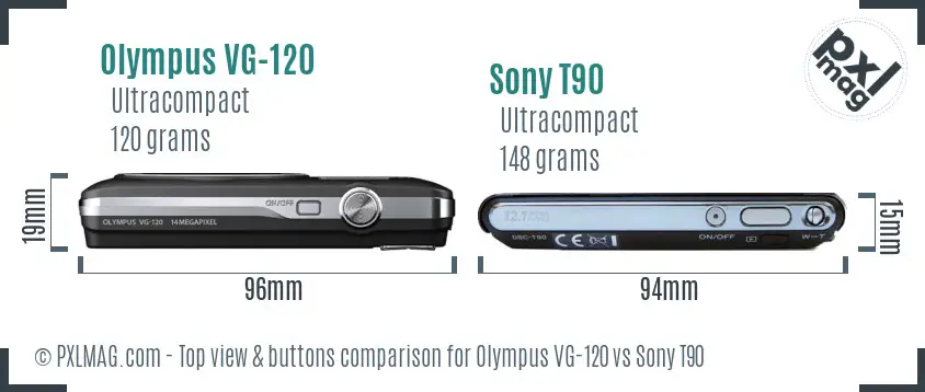 Olympus VG-120 vs Sony T90 top view buttons comparison