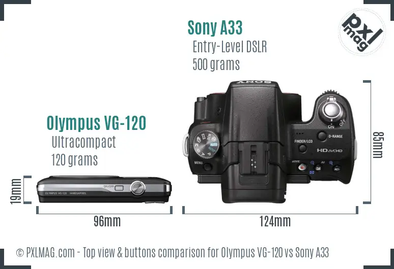 Olympus VG-120 vs Sony A33 top view buttons comparison