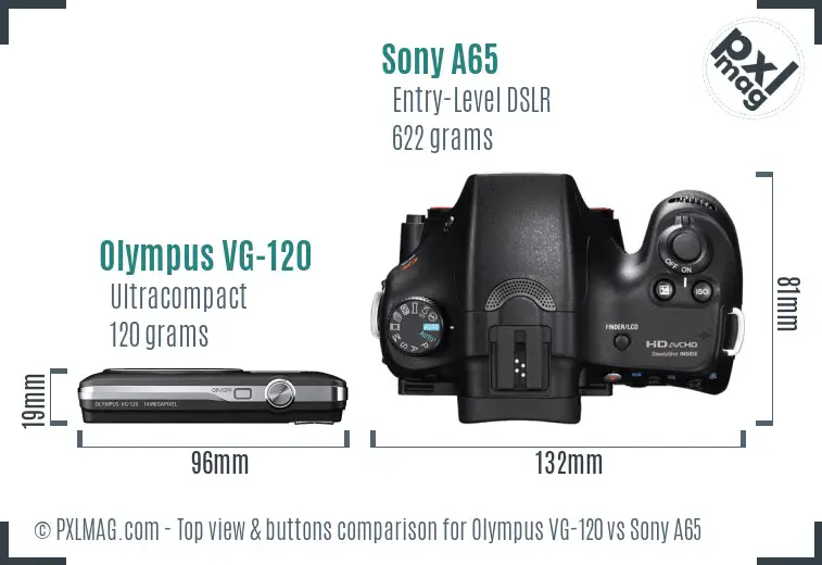 Olympus VG-120 vs Sony A65 top view buttons comparison
