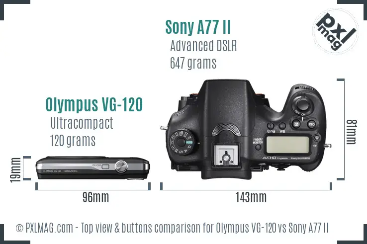 Olympus VG-120 vs Sony A77 II top view buttons comparison