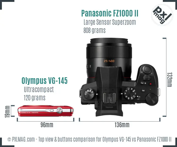 Olympus VG-145 vs Panasonic FZ1000 II top view buttons comparison