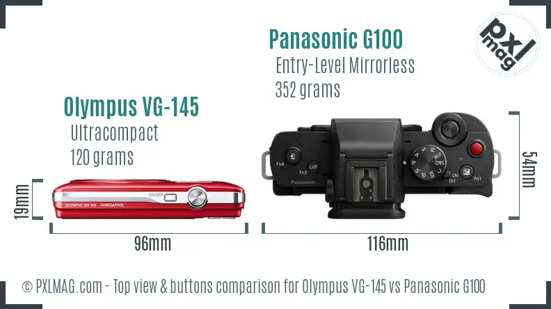 Olympus VG-145 vs Panasonic G100 top view buttons comparison