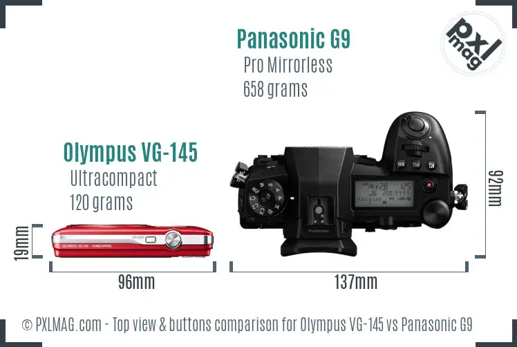 Olympus VG-145 vs Panasonic G9 top view buttons comparison