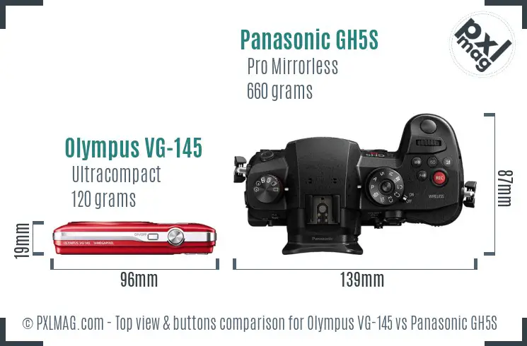 Olympus VG-145 vs Panasonic GH5S top view buttons comparison