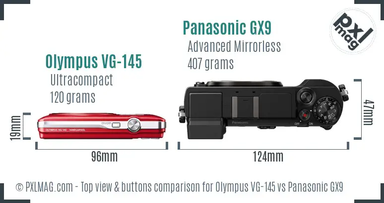 Olympus VG-145 vs Panasonic GX9 top view buttons comparison