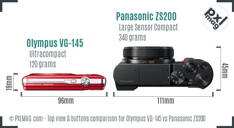 Olympus VG-145 vs Panasonic ZS200 top view buttons comparison