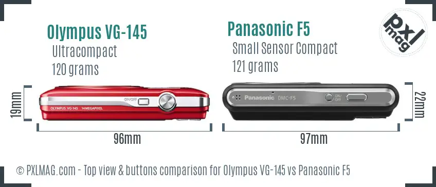 Olympus VG-145 vs Panasonic F5 top view buttons comparison