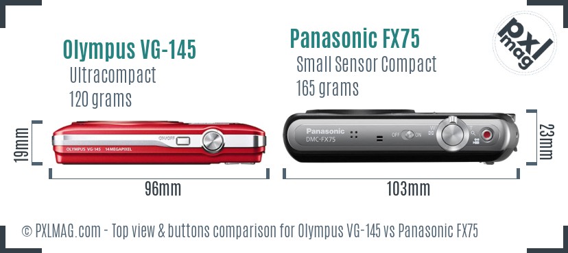 Olympus VG-145 vs Panasonic FX75 top view buttons comparison