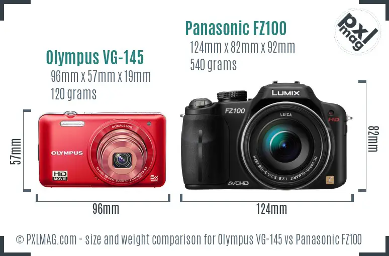 Olympus VG-145 vs Panasonic FZ100 size comparison Olympus VG-145 vs Panasonic FZ100 size comparison