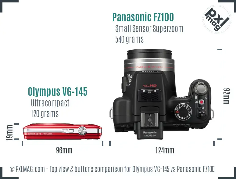Olympus VG-145 vs Panasonic FZ100 top view buttons comparison Olympus VG-145 vs Panasonic FZ100 top view buttons comparison