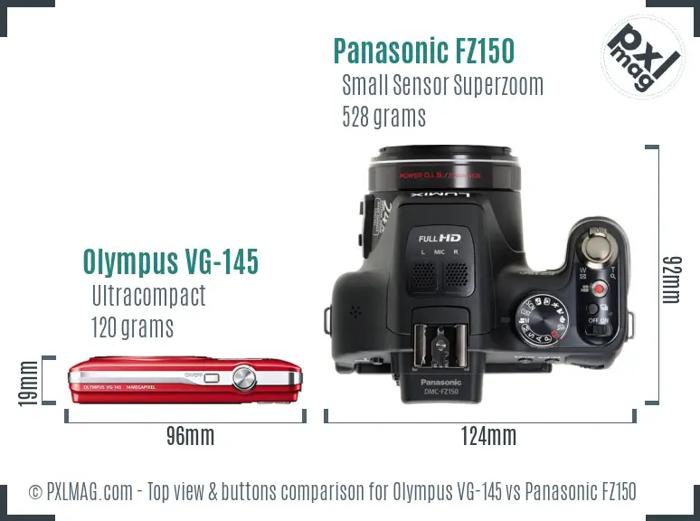 Olympus VG-145 vs Panasonic FZ150 top view buttons comparison