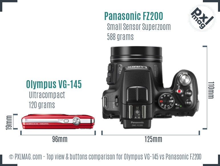 Olympus VG-145 vs Panasonic FZ200 top view buttons comparison