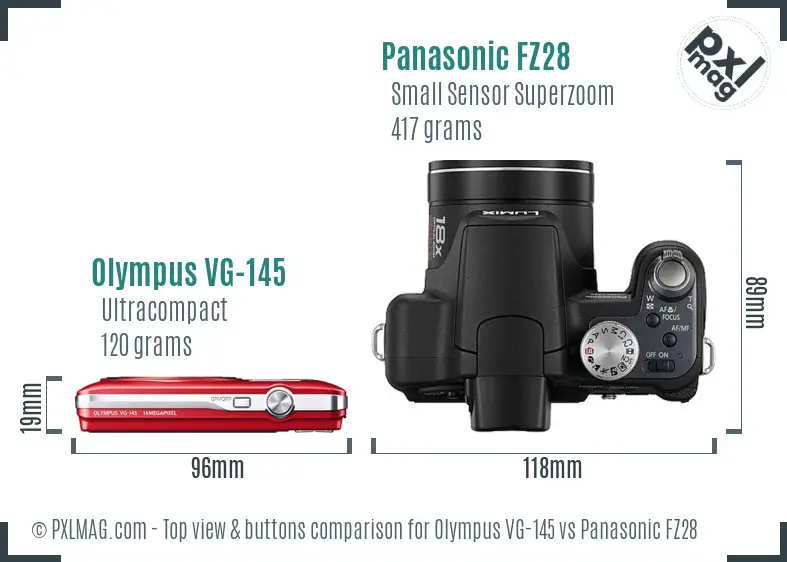 Olympus VG-145 vs Panasonic FZ28 top view buttons comparison